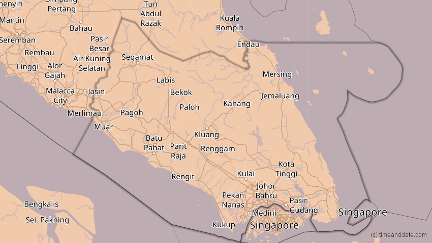 A map of Johor, Malaysia, showing the path of the 25. Nov 2049 Totale Sonnenfinsternis