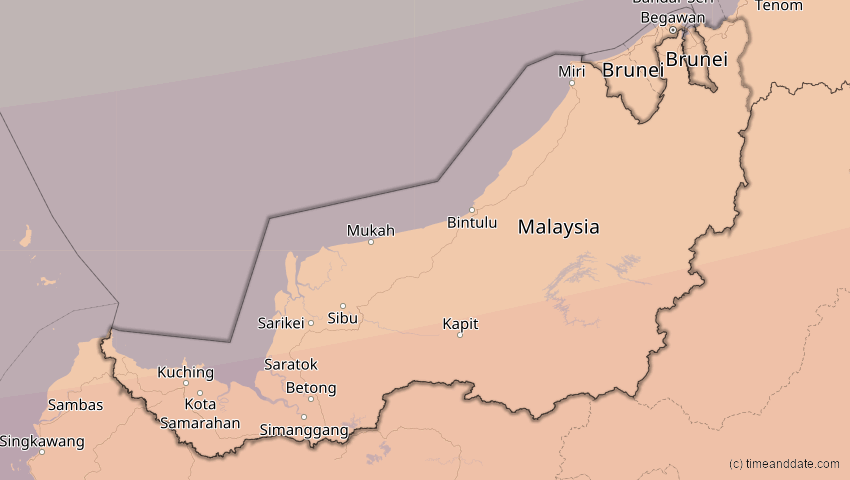 A map of Sarawak, Malaysia, showing the path of the 25. Nov 2049 Totale Sonnenfinsternis
