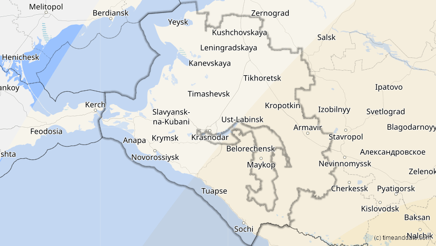 A map of Krasnodar, Russland, showing the path of the 25. Nov 2049 Totale Sonnenfinsternis