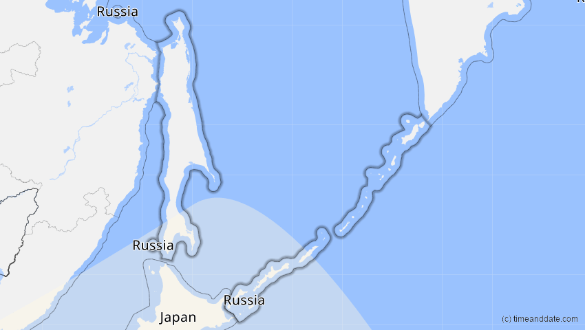 A map of Sachalin, Russland, showing the path of the 25. Nov 2049 Totale Sonnenfinsternis