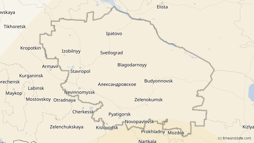 A map of Stawropol, Russland, showing the path of the 25. Nov 2049 Totale Sonnenfinsternis