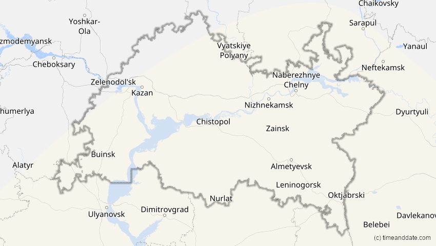 A map of Tatarstan, Russland, showing the path of the 25. Nov 2049 Totale Sonnenfinsternis