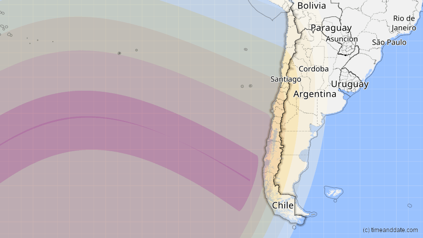A map of Chile, showing the path of the 20. Mai 2050 Totale Sonnenfinsternis