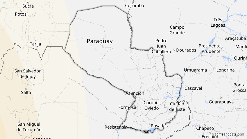 A map of Paraguay, showing the path of the 20. Mai 2050 Totale Sonnenfinsternis