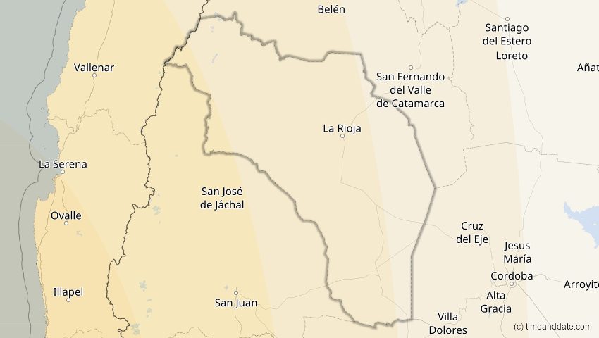 A map of Rioja, Argentinien, showing the path of the 20. Mai 2050 Totale Sonnenfinsternis