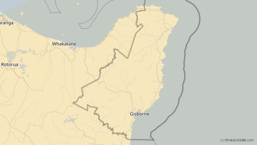 A map of Gisborne, Neuseeland, showing the path of the 21. Mai 2050 Totale Sonnenfinsternis