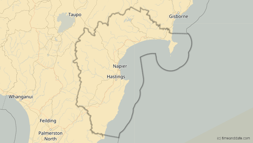 A map of Hawke's Bay, Neuseeland, showing the path of the 21. Mai 2050 Totale Sonnenfinsternis