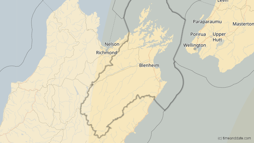 A map of Marlborough, Neuseeland, showing the path of the 21. Mai 2050 Totale Sonnenfinsternis