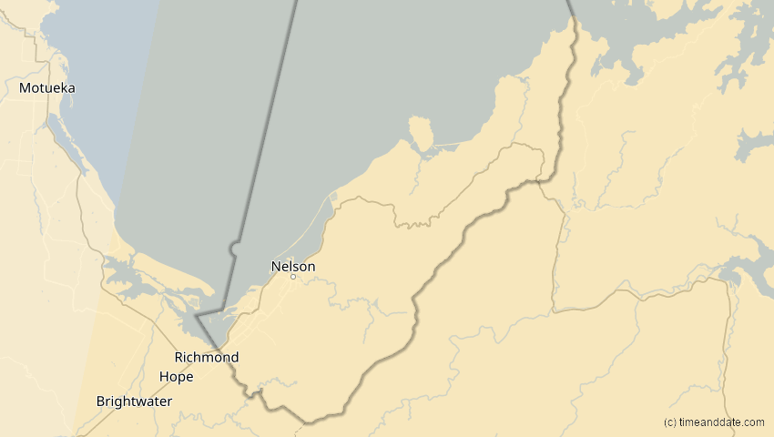 A map of Nelson, Neuseeland, showing the path of the 21. Mai 2050 Totale Sonnenfinsternis