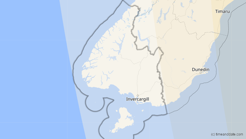 A map of Southland, Neuseeland, showing the path of the 21. Mai 2050 Totale Sonnenfinsternis