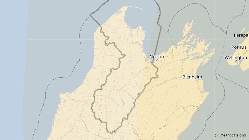 A map of Tasman, Neuseeland, showing the path of the 21. Mai 2050 Totale Sonnenfinsternis