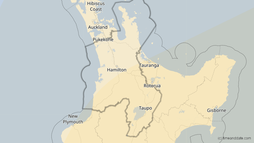 A map of Waikato, Neuseeland, showing the path of the 21. Mai 2050 Totale Sonnenfinsternis