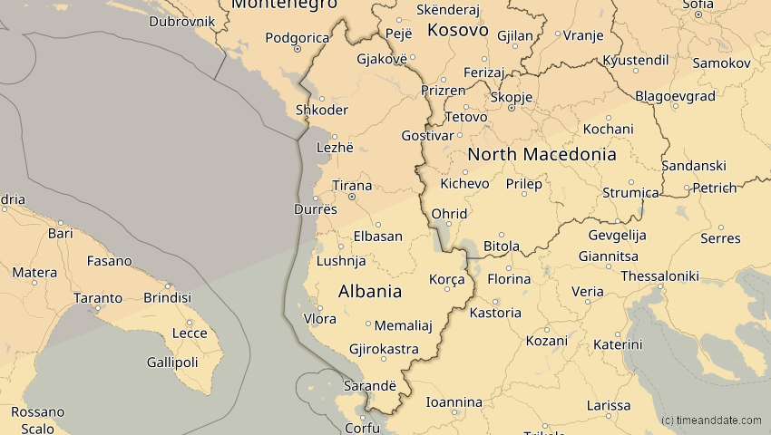 A map of Albanien, showing the path of the 14. Nov 2050 Partielle Sonnenfinsternis