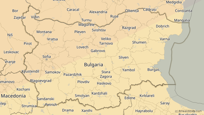 A map of Bulgarien, showing the path of the 14. Nov 2050 Partielle Sonnenfinsternis