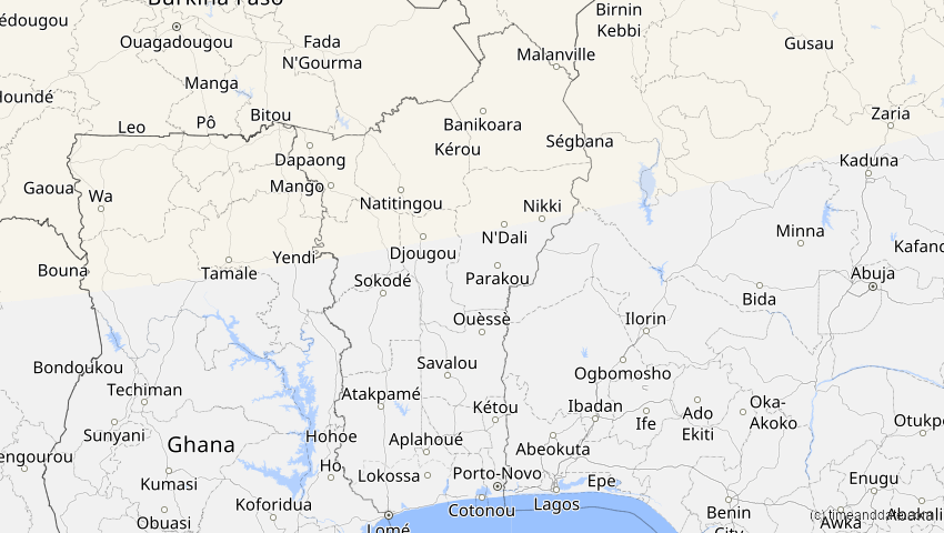 A map of Benin, showing the path of the 14. Nov 2050 Partielle Sonnenfinsternis