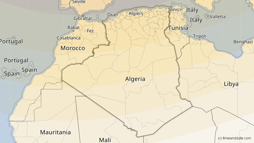 A map of Algerien, showing the path of the 14. Nov 2050 Partielle Sonnenfinsternis