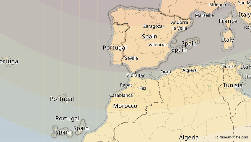A map of Spanien, showing the path of the 14. Nov 2050 Partielle Sonnenfinsternis