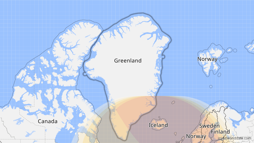 A map of Grönland, showing the path of the 14. Nov 2050 Partielle Sonnenfinsternis