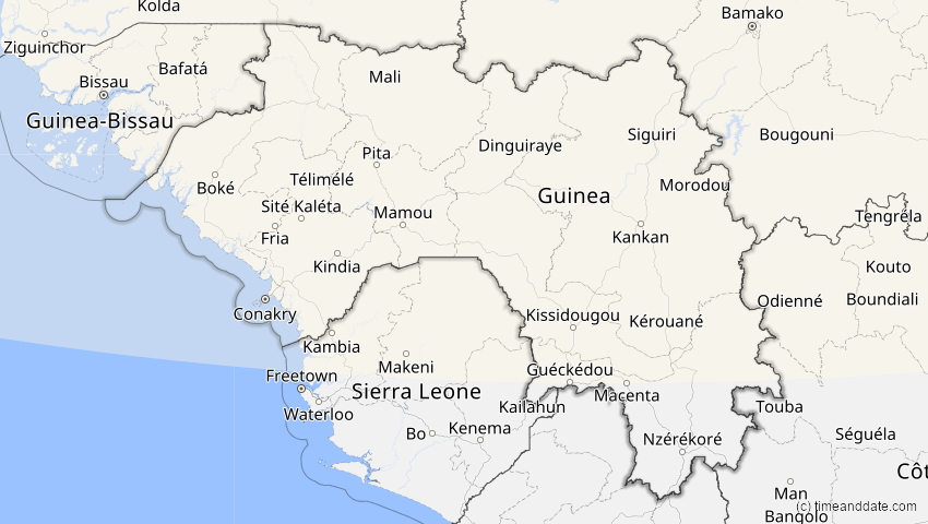 A map of Guinea, showing the path of the 14. Nov 2050 Partielle Sonnenfinsternis