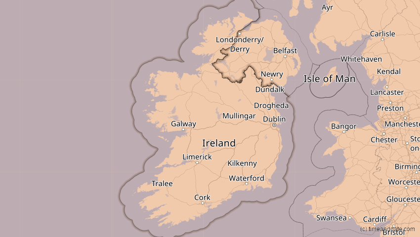 A map of Irland, showing the path of the 14. Nov 2050 Partielle Sonnenfinsternis