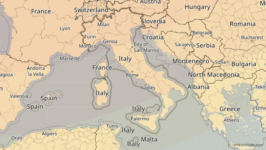 A map of Italien, showing the path of the 14. Nov 2050 Partielle Sonnenfinsternis