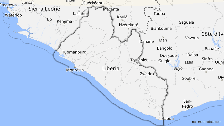 A map of Liberia, showing the path of the 14. Nov 2050 Partielle Sonnenfinsternis