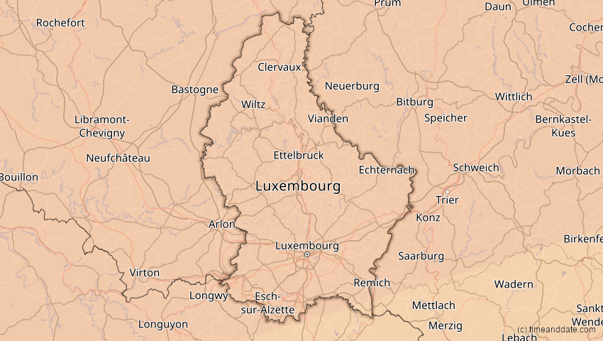 A map of Luxemburg, showing the path of the 14. Nov 2050 Partielle Sonnenfinsternis