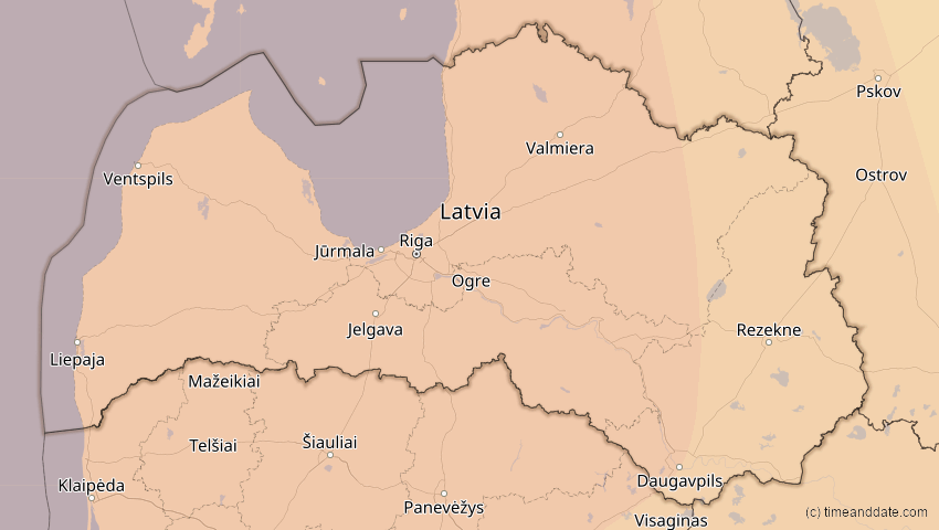 A map of Lettland, showing the path of the 14. Nov 2050 Partielle Sonnenfinsternis