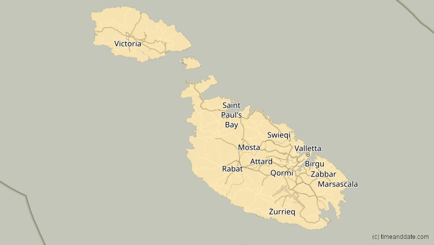A map of Malta, showing the path of the 14. Nov 2050 Partielle Sonnenfinsternis