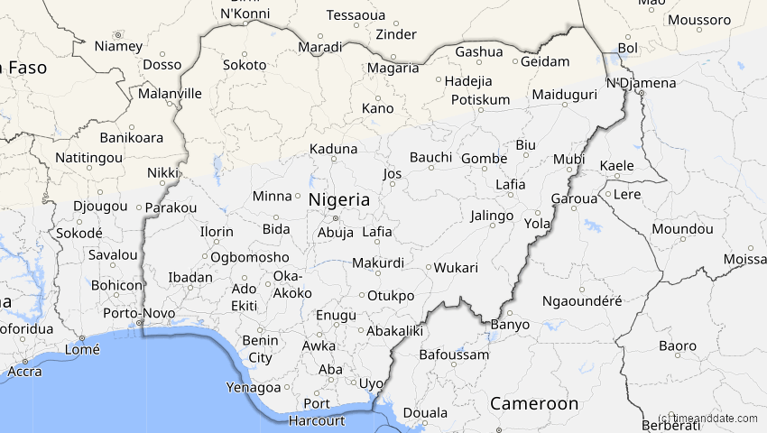 A map of Nigeria, showing the path of the 14. Nov 2050 Partielle Sonnenfinsternis