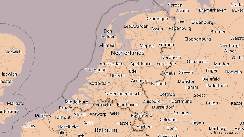 A map of Niederlande, showing the path of the 14. Nov 2050 Partielle Sonnenfinsternis