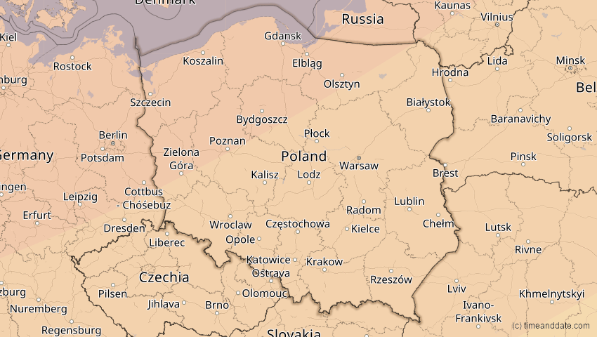 A map of Polen, showing the path of the 14. Nov 2050 Partielle Sonnenfinsternis