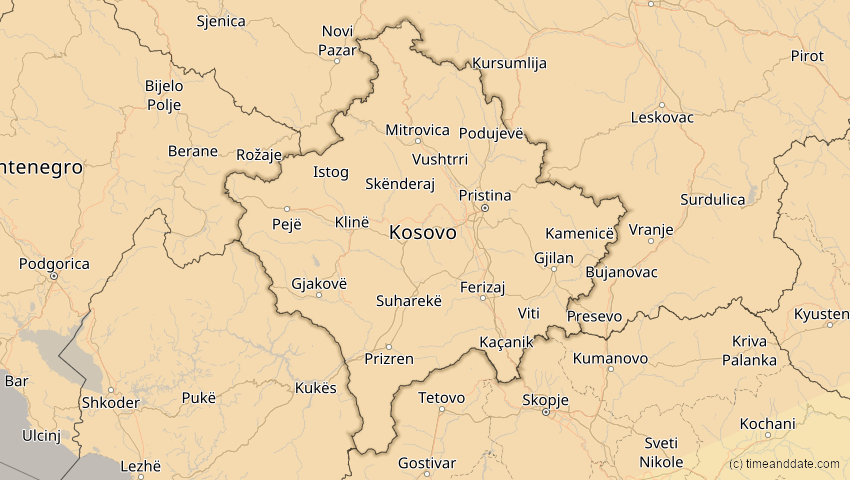 A map of Kosovo, showing the path of the 14. Nov 2050 Partielle Sonnenfinsternis