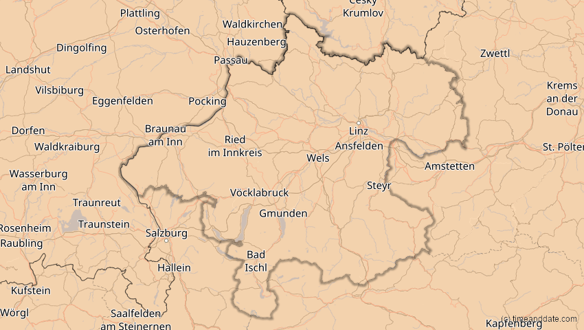 A map of Oberösterreich, Österreich, showing the path of the 14. Nov 2050 Partielle Sonnenfinsternis