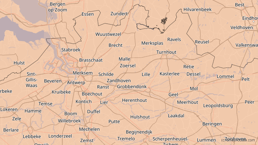 A map of Antwerpen, Belgien, showing the path of the 14. Nov 2050 Partielle Sonnenfinsternis