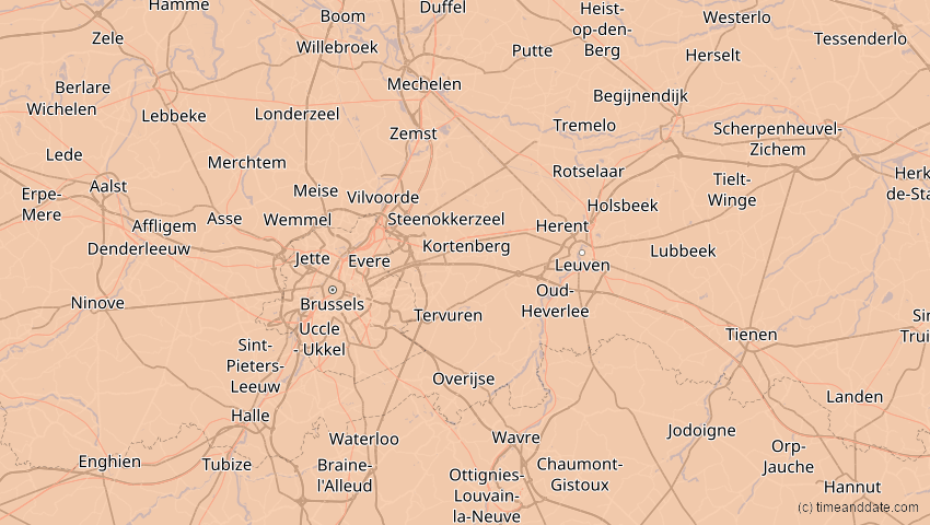 A map of Flämisch-Brabant, Belgien, showing the path of the 14. Nov 2050 Partielle Sonnenfinsternis