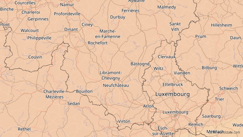 A map of Luxemburg, Belgien, showing the path of the 14. Nov 2050 Partielle Sonnenfinsternis