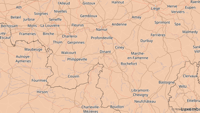 A map of Namur, Belgien, showing the path of the 14. Nov 2050 Partielle Sonnenfinsternis