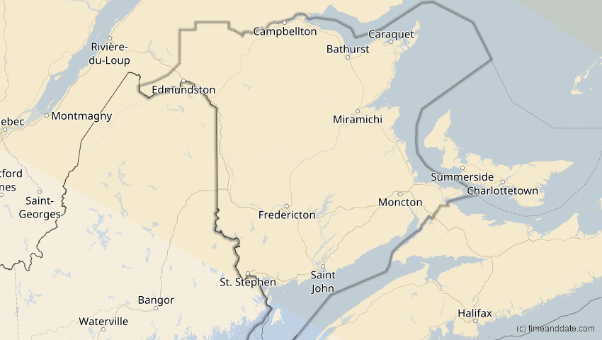 A map of New Brunswick, Kanada, showing the path of the 14. Nov 2050 Partielle Sonnenfinsternis