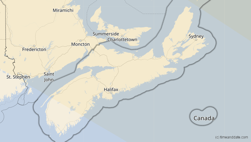 A map of Nova Scotia, Kanada, showing the path of the 14. Nov 2050 Partielle Sonnenfinsternis