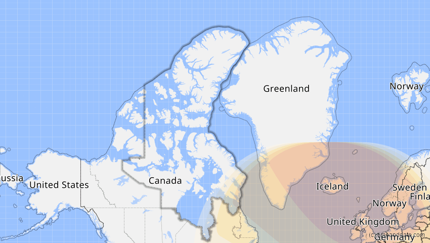 A map of Nunavut, Kanada, showing the path of the 14. Nov 2050 Partielle Sonnenfinsternis