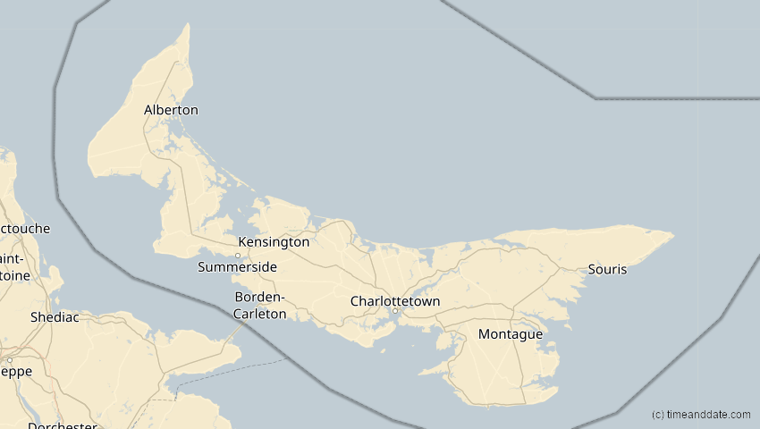 A map of Prince Edward Island, Kanada, showing the path of the 14. Nov 2050 Partielle Sonnenfinsternis