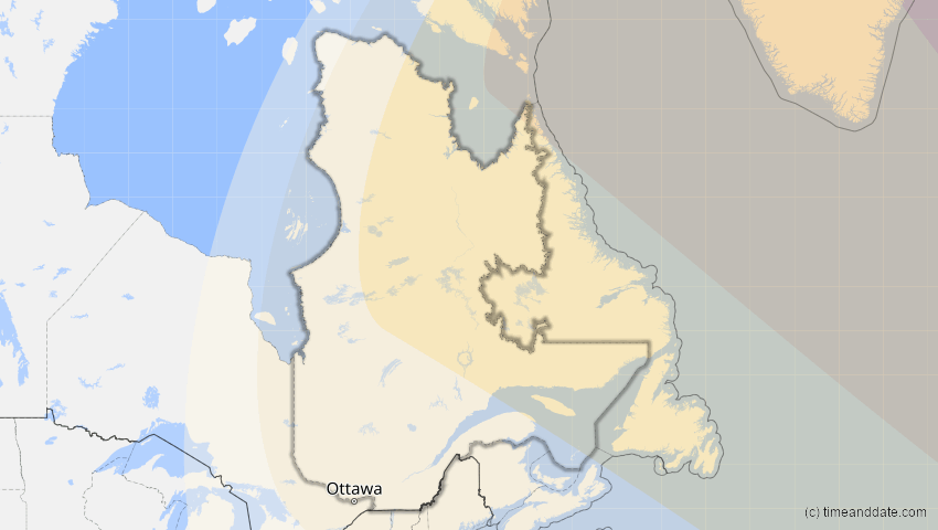 A map of Québec, Kanada, showing the path of the 14. Nov 2050 Partielle Sonnenfinsternis