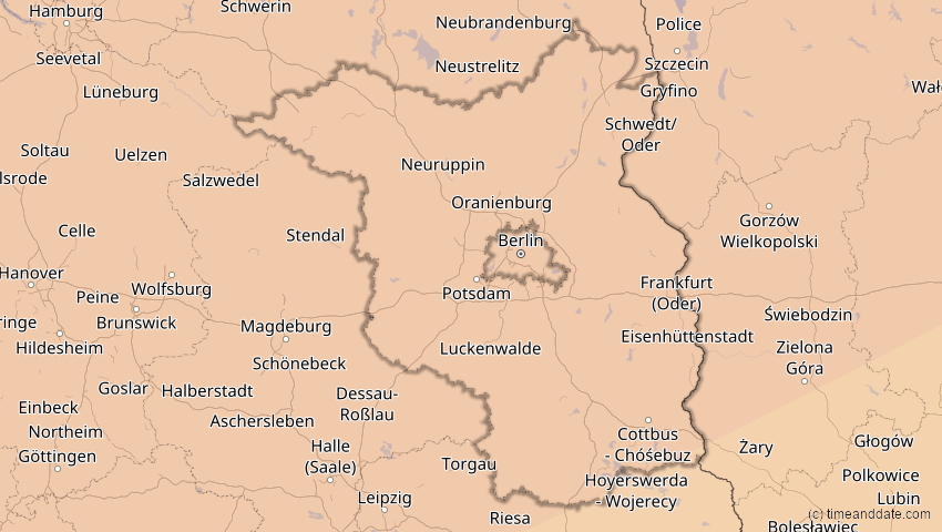 A map of Brandenburg, Deutschland, showing the path of the 14. Nov 2050 Partielle Sonnenfinsternis