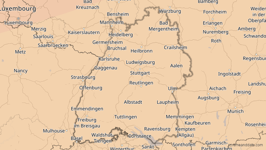 A map of Baden-Württemberg, Deutschland, showing the path of the 14. Nov 2050 Partielle Sonnenfinsternis