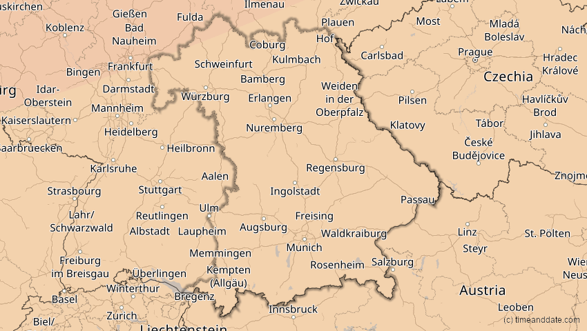 A map of Bayern, Deutschland, showing the path of the 14. Nov 2050 Partielle Sonnenfinsternis