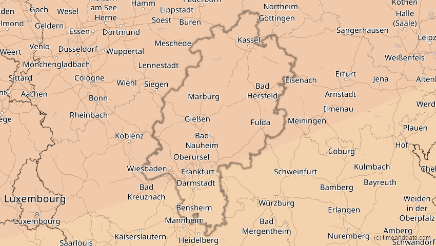 A map of Hessen, Deutschland, showing the path of the 14. Nov 2050 Partielle Sonnenfinsternis