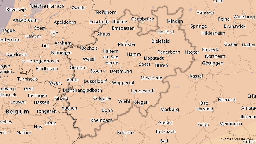 A map of Nordrhein-Westfalen, Deutschland, showing the path of the 14. Nov 2050 Partielle Sonnenfinsternis