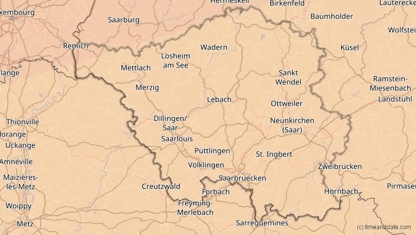 A map of Saarland, Deutschland, showing the path of the 14. Nov 2050 Partielle Sonnenfinsternis