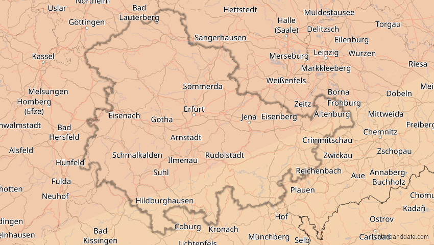 A map of Thüringen, Deutschland, showing the path of the 14. Nov 2050 Partielle Sonnenfinsternis